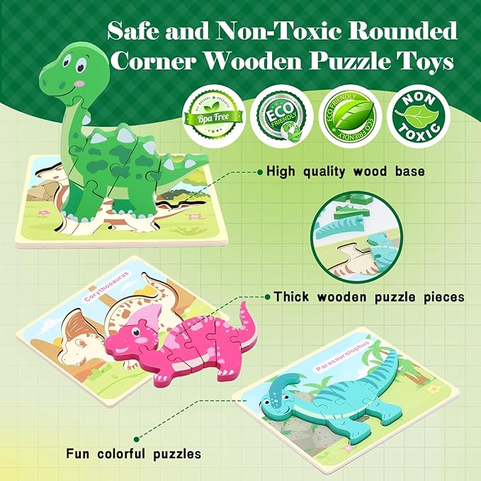 3 Pack Dinosaur Wooden Puzzles for Toddlers,Montessori Toys Dinosaur Puzzle for Kid 3 Year Old,Preschool Educational Learning Colorful Toys Gifts