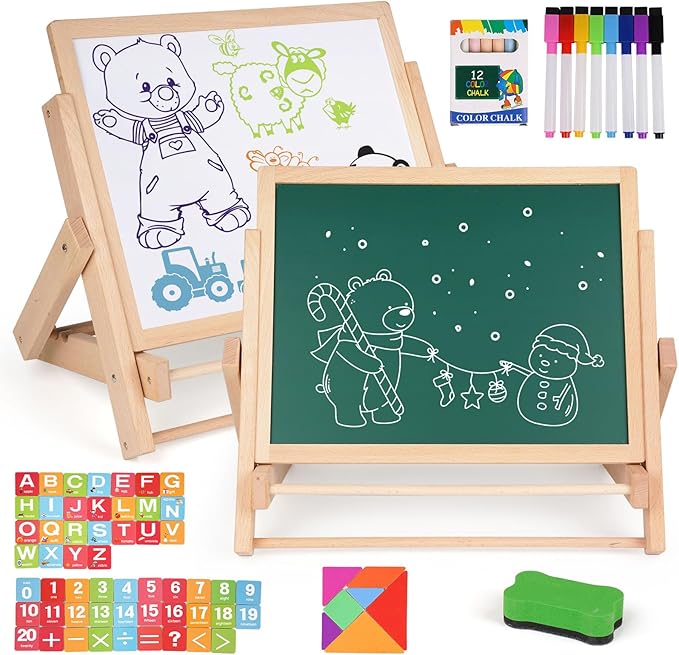 Kids Art Easel with Double-Sided Blackboard and Whiteboard, Wooden Tabletop Easel with Magnetic Letters & Numbers, Foldable Art Board - Educational Drawing & Learning Board for Toddlers & Children