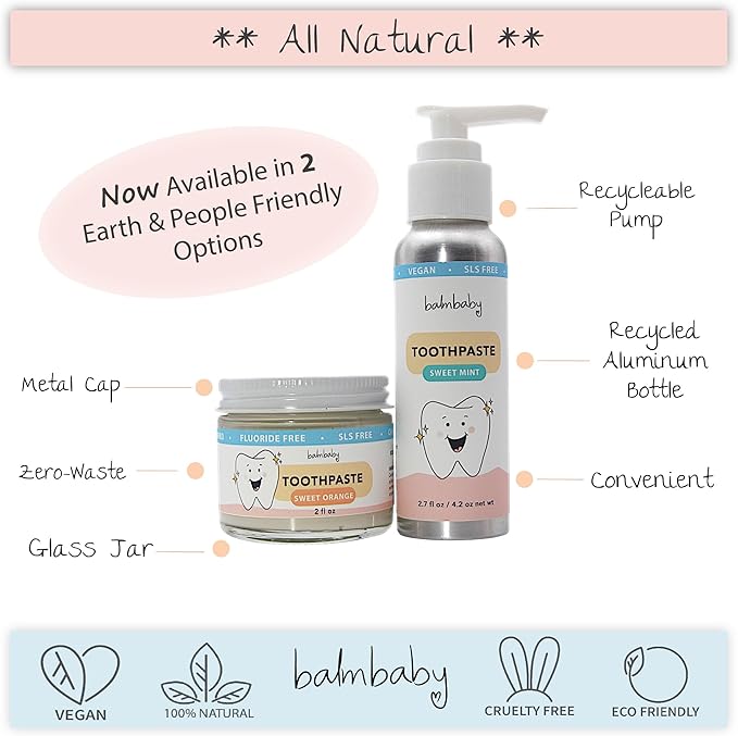 Kids All Natural Fluoride Free Toothpaste by Balm Baby Brand – SLS Free Toothpaste with Xylitol, Vegan, Gluten Free, BPA Free, Glass Jar Zero Waste Children’s Teeth Paste (Orange)