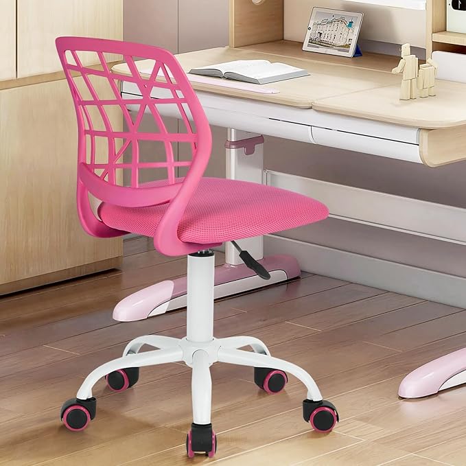 FurnitureR Kids Desk Chair, Armless Small Office Chair Adjsutable Swivel Task Chair with Soft Cushion for Study Kids Teens Child, Pink