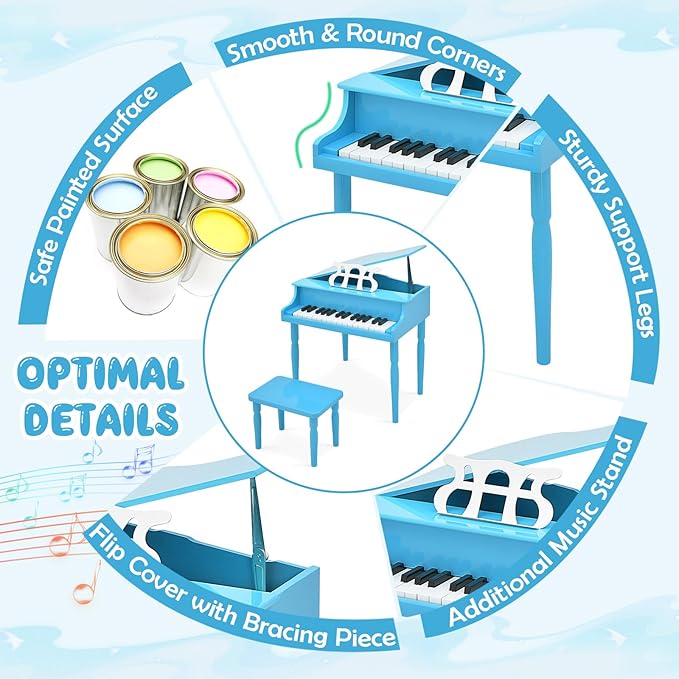 Goplus 30-Key Classical Kids Piano, Mini Grand Piano Wooden Learn-to-Play Musical Instrument Toy with Bench, Piano Lid, Music Rack, Gift for Boys Girls Aged 2+ Baby Toddler (4 Straight Leg-Blue)