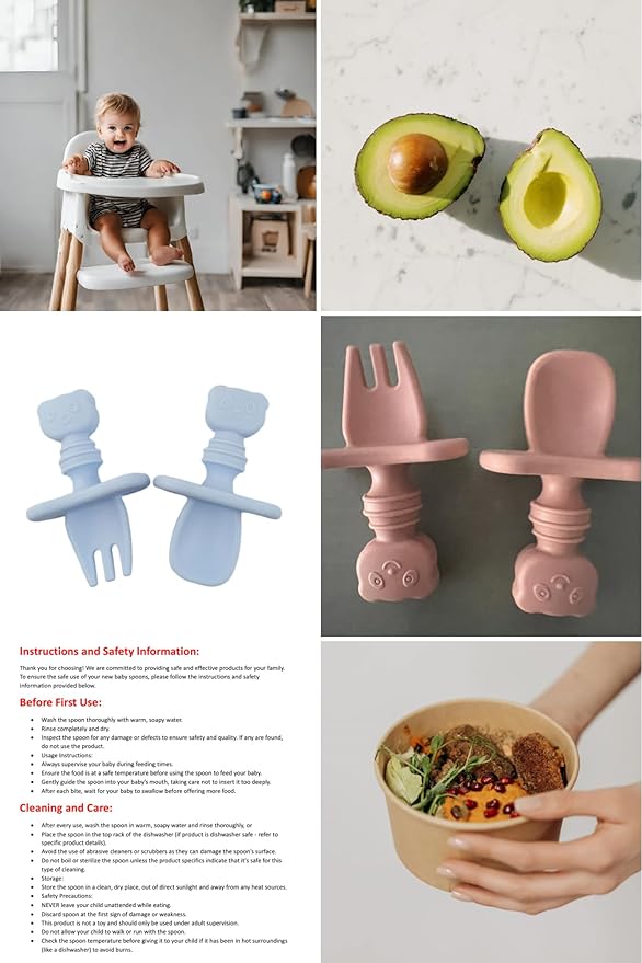 Baby Spoons and forks set, Silicone, Self Feeding pack of 2, Toddler spoon and fork set, Baby Led Weaning Supplies, First Stage Baby Essentials, Safe To Use, Gentle Teethers- (Earthy colors)