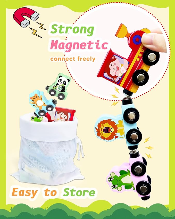 11 Pcs Magnetic Train Set Montessori Toys for 1 2 3 Years Old Toddlers Boys Girls, Wooden Animals Preschool Learning Activities Educational Sensory Toys Birthday Gifts Ages 1-3, 2-4