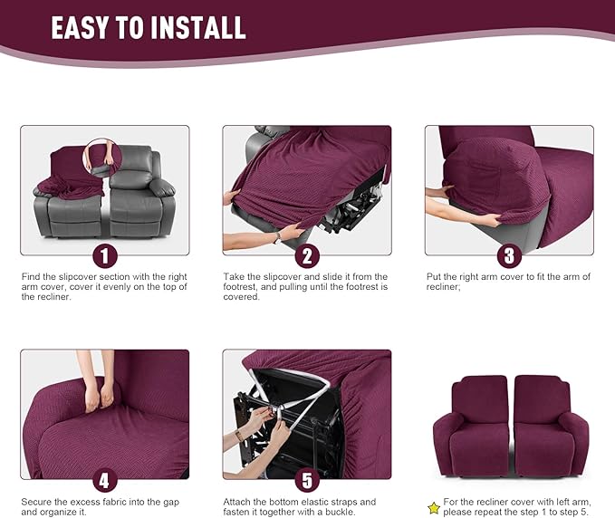 KinCam Recliner Covers, Stretch Reclining Chair Covers, Recliner Sofa Slipcovers Stripe Jacquard Recliner Couch Covers Furniture Protector Covers for Pet Kid (2 Seater, Wine)