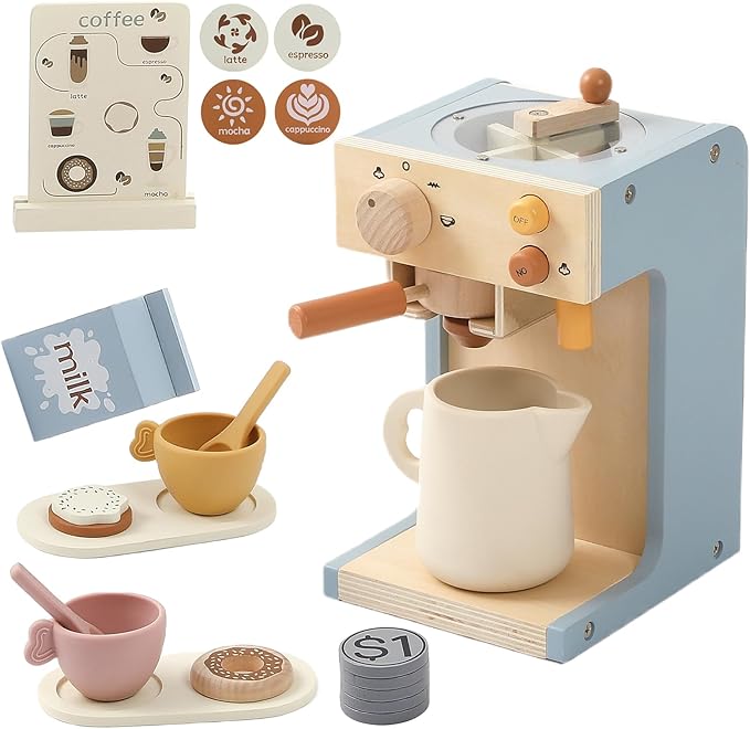Kids Coffee Maker Playset Wooden Kitchen Toys for Toddlers - 15PCS Toy Coffee Maker Play Kitchen Accessories for Girls & Boys Pretend Play Kids Coffee Maker Toys - Ideal Gift