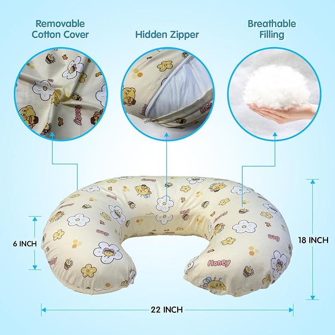 Nursing Pillow, Breastfeeding Pillows with Standard Size Removable Cover, Breast Feeding Pillow with Breathable Filling, Ergonomic Nursing Essentials for Bottle and Breastfeeding- Honey Bee…