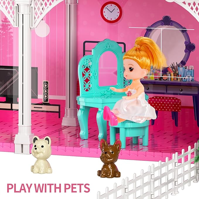 TEMI Villa Toys for 3-8 Years Old Girls - 2 Storeys 4 Rooms Indoor Playset with 2 Dolls, Furniture and Accessories, Pretend Girls Plays, Building Toys, Gifts for Kids 3-5
