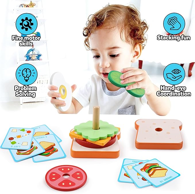 kizh Wooden Sandwich Sorting Stacking Toys Play Food Set for Toddlers Preschool Educational Montessori Toys Fine Motor Toys for Kids Boys Girls
