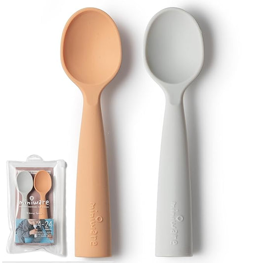 Miniware Silicone Baby Spoon for Training - BPA Free Baby Utensils - Baby Spoons Self Feeding 6 Months | 100% Food Grade Silicone - Modern & Dishwasher Safe Toddler | Dishwasher Safe (Grey and Toffee)