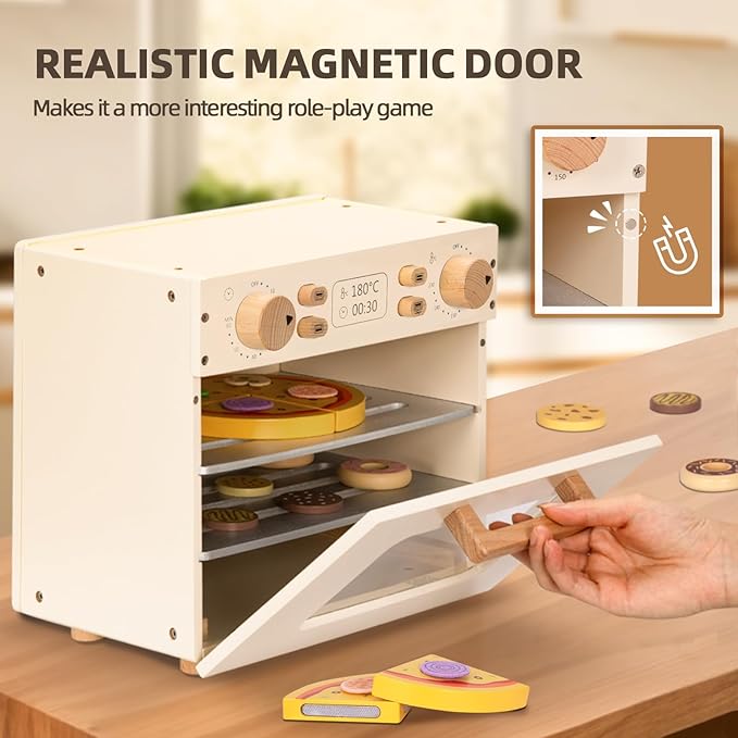 Wooden Kids Oven, Pretend Play Oven for Toddlers with DIY Stickers, Kitchen Play Set Accessories with Push-Pull Baking Tray. Ideal Choice for Boys and Girls Aged 3+