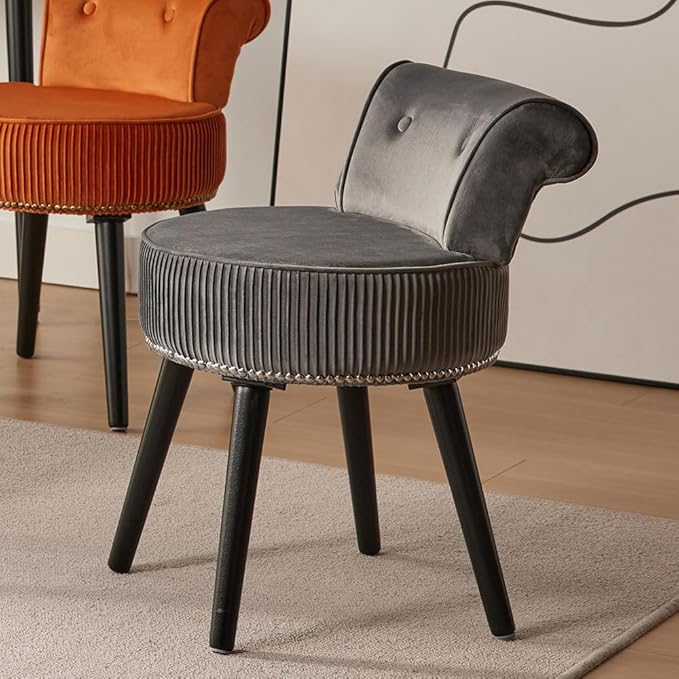 Vanity Stool - Vanity Chair with Back Small Vanity Makeup Vanity Chair Velvet Vanity Stool Chair Tufted Accent Chairs Makeup Chair for Vanity for Women Girls and Kids (Grey)