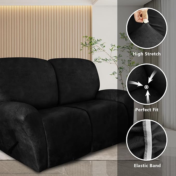 molasofa Loveseat Recliner Slipcover - 6 Pieces Stretch Leather Like Recliner Sofa Cover for 2 Seat Dual Reclining Loveseat Couch Furniture Protector with Elastic Bottom (Black)