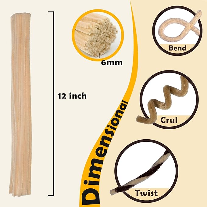 300pcs Brown Pipe Cleaners Bulk - Fluffy Craft Pipe Cleaners for Arts & Crafts, Ideal for Making Flowers, Animals & Decorations (12 x 0.24 inches)