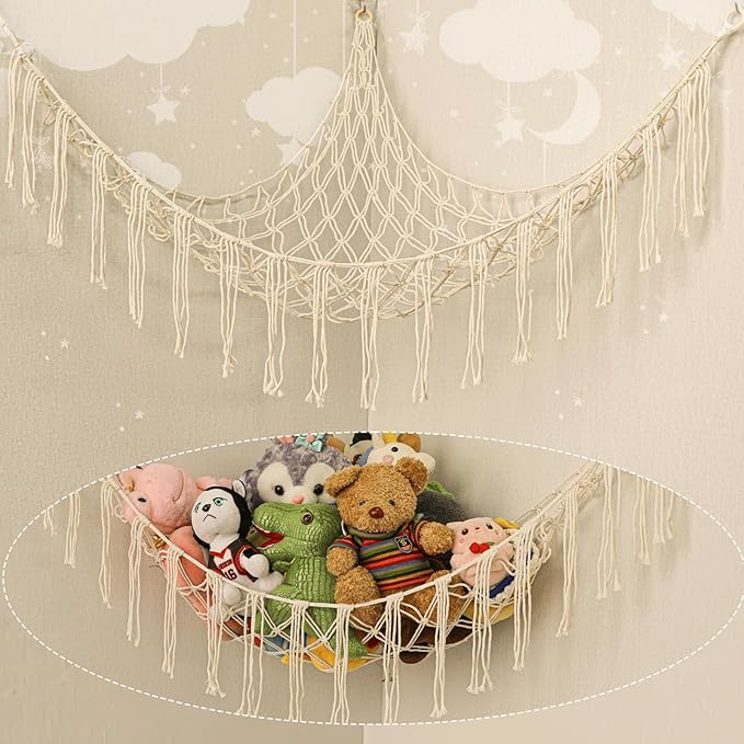 Boho Stuffed Animals Net or Hammock Large,55 inch Toy Hammock Macrame Stuff Animal Storage Corner Hanging Net Holder,Mesh Hammock Plush Toy Organizer with Hooks for Bedroom,Nursery (White)