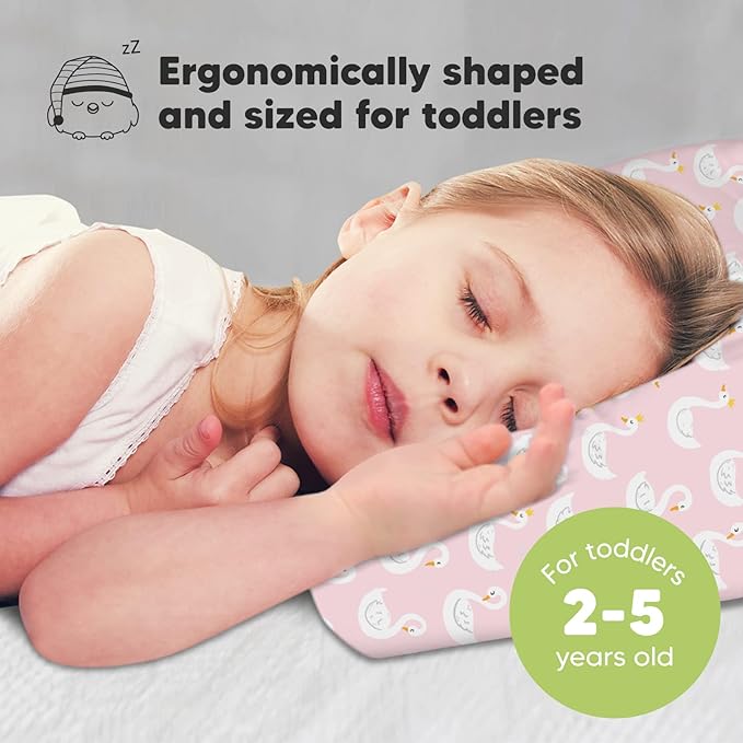 Toddler Pillow with Pillowcase - 13x18 My Little Dreamy Pillow, Organic Cotton Toddler Pillows for Sleeping, Kids Pillow, Travel Pillows, Mini Pillow, Nursery Pillow, Toddler Bed Pillow (Swan Lake)