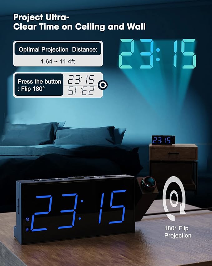 Projection Alarm Clock for Bedrooms,7'' Digital Clock with 180° Projector, 5-Level Brightness Dimmer, USB Charger,Snooze,12/24H& Battery Backup,Suitable for Deaf and Hard of Hearing,Kids,and Elders