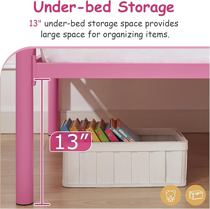 VECELO Twin Over Twin Bunk Bed with Built-in Ladder and Safety Guardrail, Heavy Duty Metal Bunkbeds, Space Saving, No Box Spring, Pink