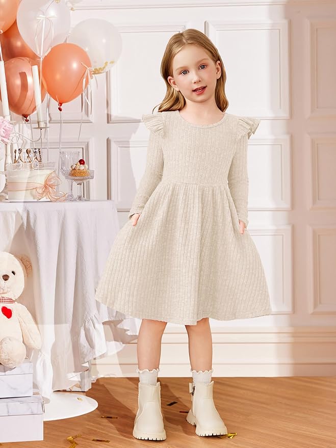 Arshiner Toddler Girl Dress Baby Girls Knitted Ruffle Sleeve Pocket Dresses A-Line Flared Fall Winter Clothes for 2-8 Years