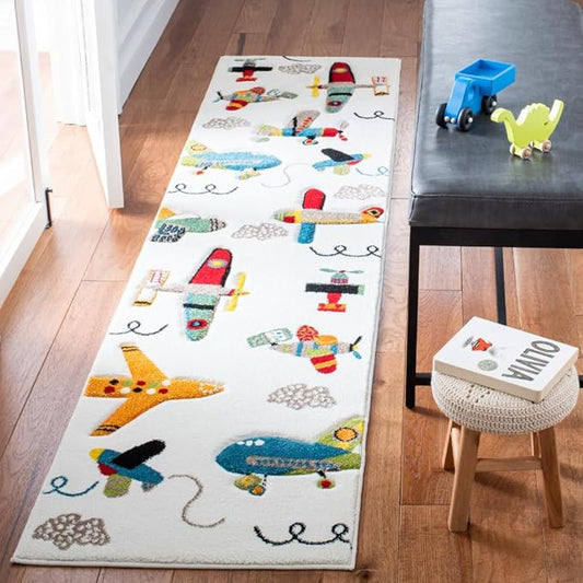 SAFAVIEH Carousel Kids Collection Runner Rug - 2' x 8', Ivory & Blue, Non-Shedding & Easy Care, Ideal for High Traffic Areas for Boys & Girls in Playroom, Nursery, Bedroom (CRK167A)