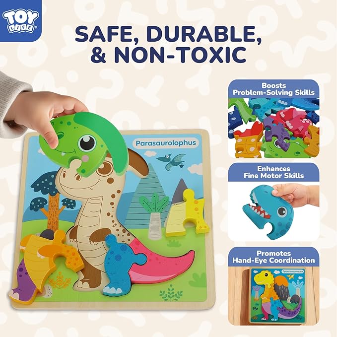 TOY Life Wooden Puzzles for Toddlers 2-4, 6 Pack Dinosaurs Puzzles for Kids Toddler 1-3, Montessori Toys for 1 2 3 Year Old, Educational Toys for Boys Girls Age 2 3 4 5, Baby Learning Toy Gifts