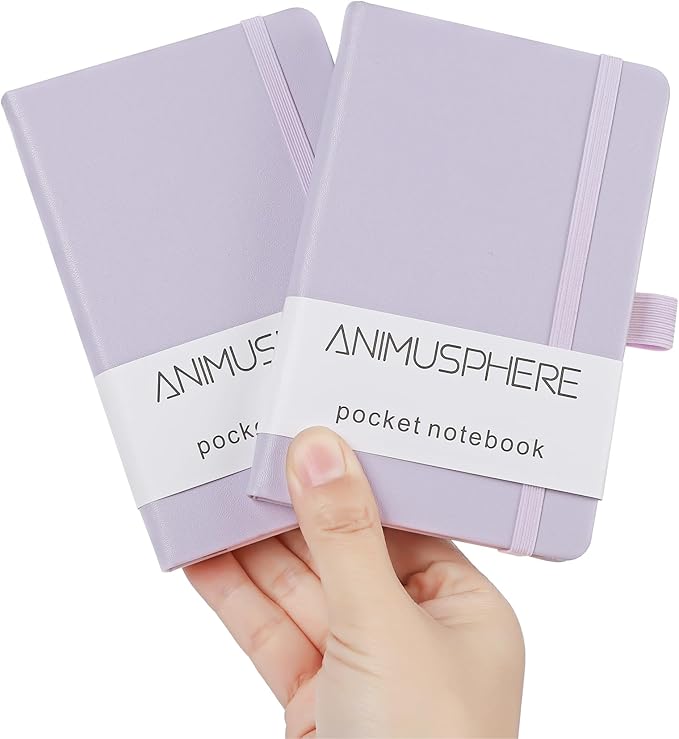 Animusphere 2Pack Pocket Notebook Small Notebook Journal Notebook 4 inches x 5.7 inches 200 Pages Leather Cover With Pen Holder Page Marker Ribbons (Purple)