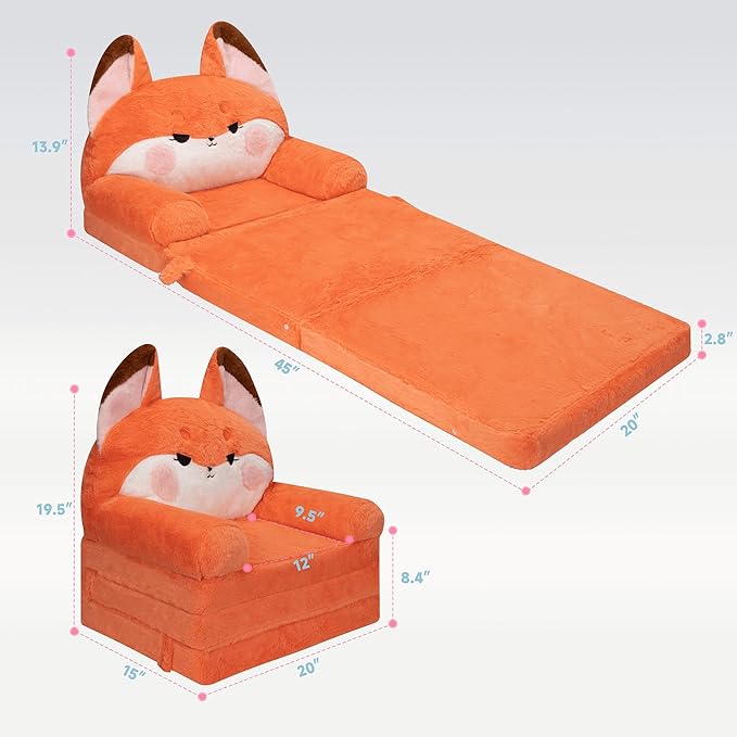 MONKISS 2-in-1 Toddler Couch Chairs Comfy, Kids Chair Couch, Mini Couch, Flip Out Sherpa Kids Sofa, Baby Couch, Chair for Toddlers 1-3, Kids Lounge Chair Reading Chair, Kids Couch Bed Fold Out, Fox