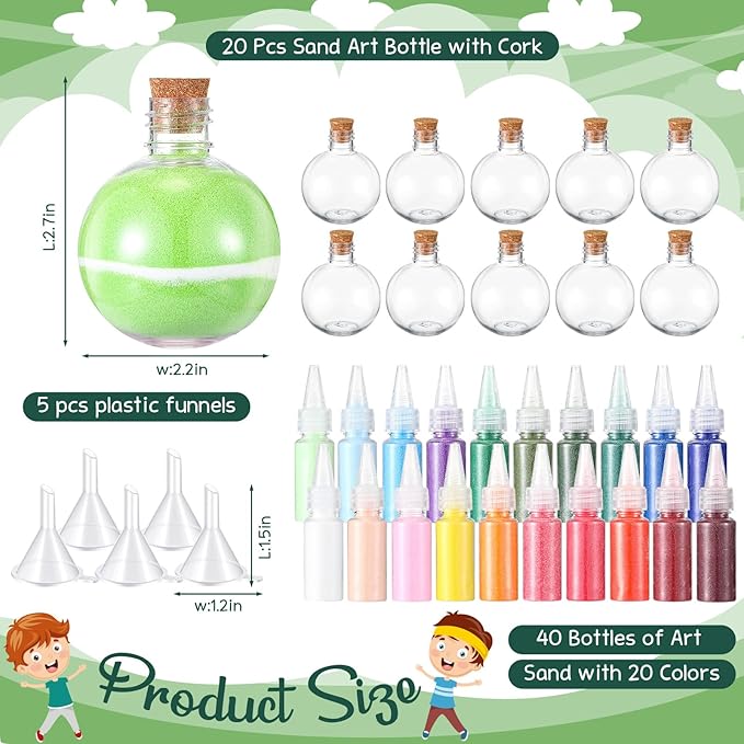 65 Pcs Plastic Sand Art Bottles with Corks Include 20pcs 3.4oz Sand Art Bottles, 40 Colored Art Sand, 5 Plastic Funnels Plastic Clear Containers for Sand Art Fun Arts Crafts Supplies (Round)