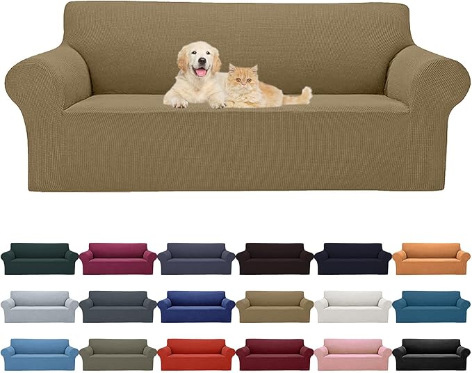 2025 New Stretch Oversized Sofa Slipcovers Couch Sofa Cover for 4 Seater Furniture Protector Covers with Elastic Bottom Jacquard Fabric Small Checks for Pets, Kids - Tan