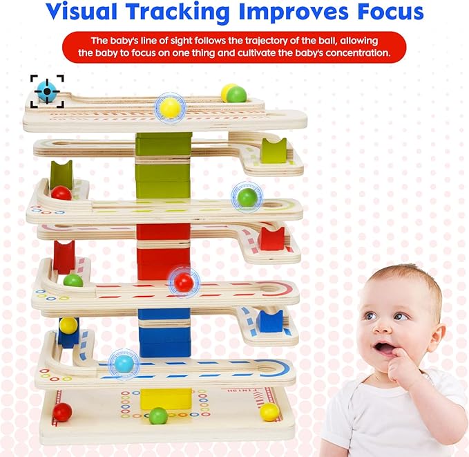 Montessori Ball Tracker Wooden Ball Drop Toy for Toddlers, Educational Wooden Ball Run Toy Race Track Set, Ball Drop Tracker Sensory Toys for Gifts 3 4 5 Years Old Toddler Boys Girls