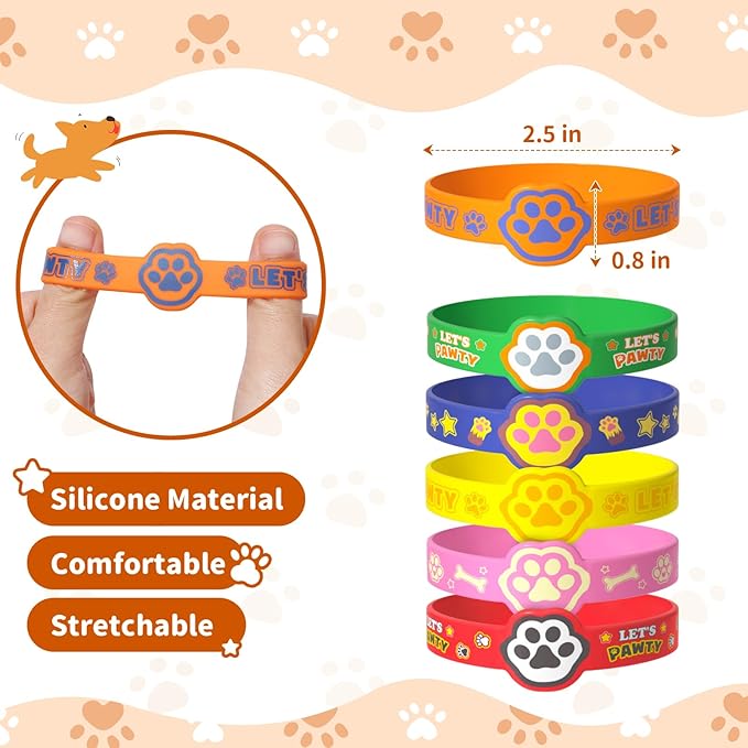 24 Dog Paw Party Favors Birthday Supplies for Kids Paw Print Silicone Wristbands Bulk Toy Gift Goodie Bag Stuffer Class Prize Filler Christmas Easter Dog Themed Party Favors