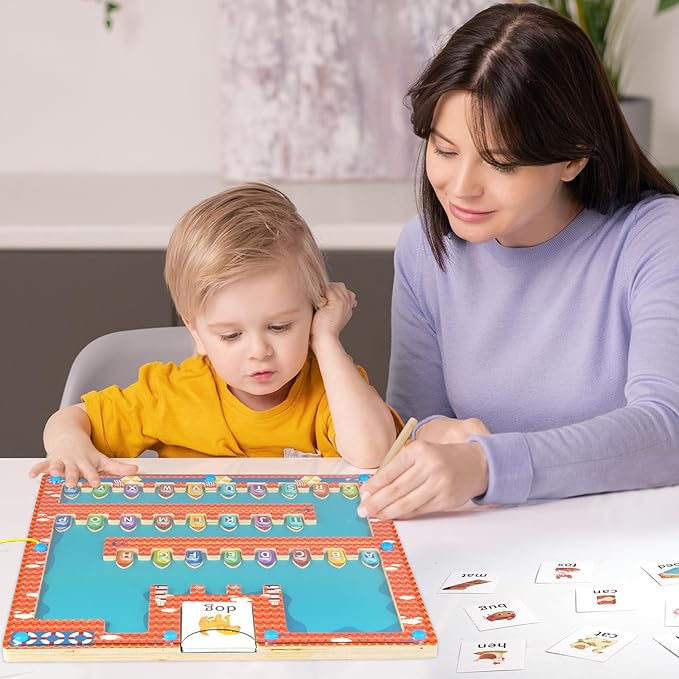 Wooden Magnetic Alphabet Maze, Montessori Fine Motor Skills Toys for 3+ Year Old Boys and Girls, Magnetic Ship Letter Puzzle Board for Toddler Preschool Learning Activities