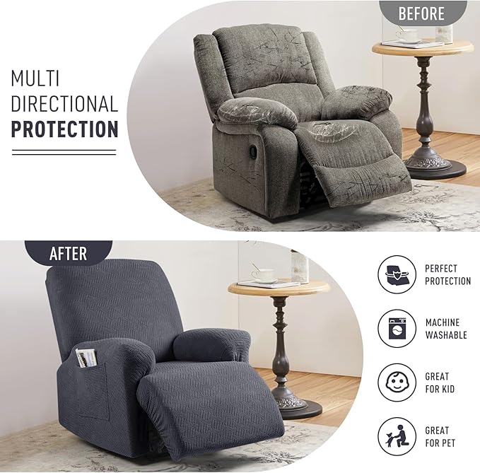 KinCam Recliner Covers, Stretch Reclining Chair Covers, Recliner Sofa Slipcovers Stripe Jacquard Recliner Couch Covers Furniture Protector Covers for Pet Kid (1 XL Seater, Charcoal Gray)