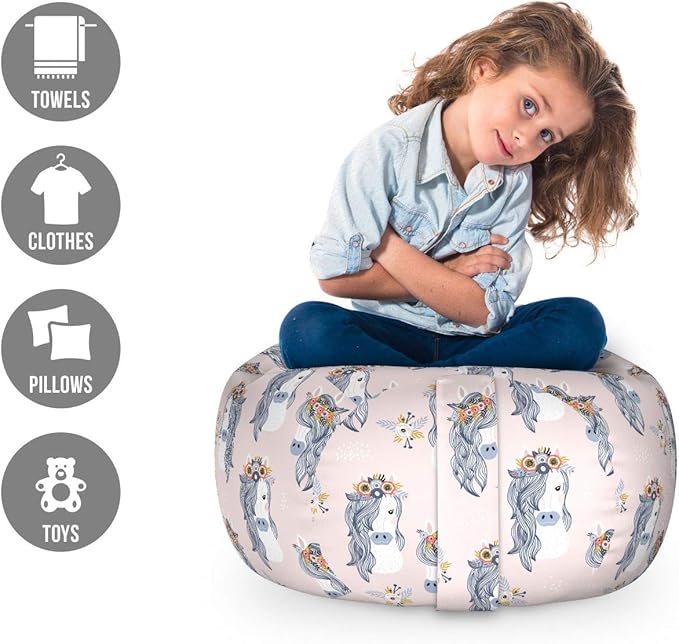 Ambesonne Pastel Storage Toy Bag Chair, Horses and Flower Bouquets on The Head Tattoo Style Floral Wreath Pattern, Stuffed Animal Organizer Washable Bag, Small Size, Rose Blue