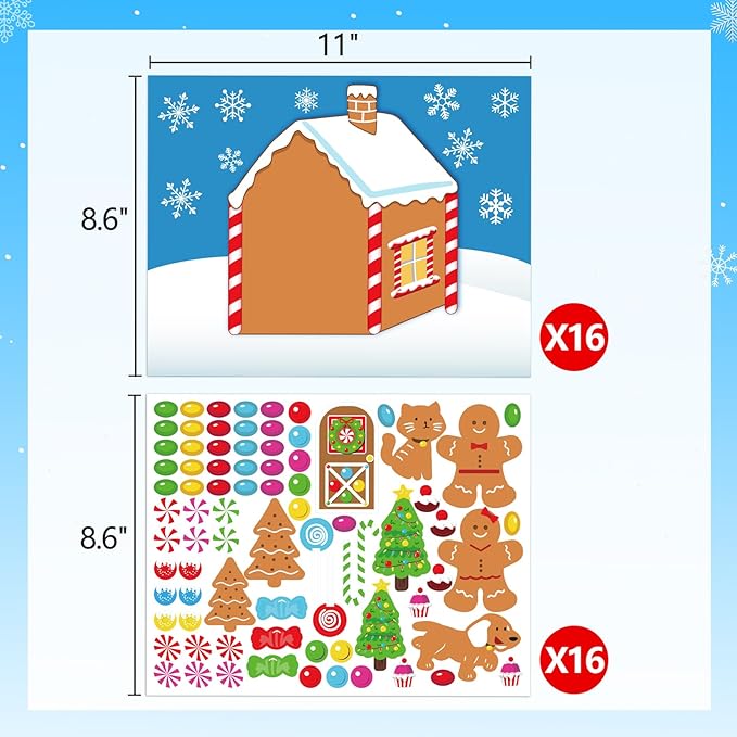 32PCS Make-a-Gingerbread House Stickers for Kids - Christmas Party Game/Craft/Activity/Favor/Supplies - 16 Finished Products