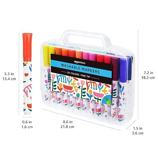Amazon Basics Washable Markers for Kids, Fine Tip Assorted, Pack 24