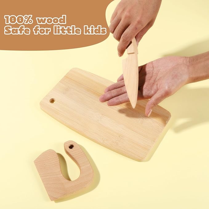 Kids Knife Set for Real Cooking, 8 PCs Kids Cooking Sets for Little Chef, Nature Wood Utensil