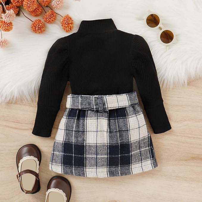 Fernvia Toddler Baby Girl Fall Winter Skirt Set Turtleneck Ribbed Long Sleeve T-Shirt Top & Plaid Skirts Dress 2Pcs Outfits