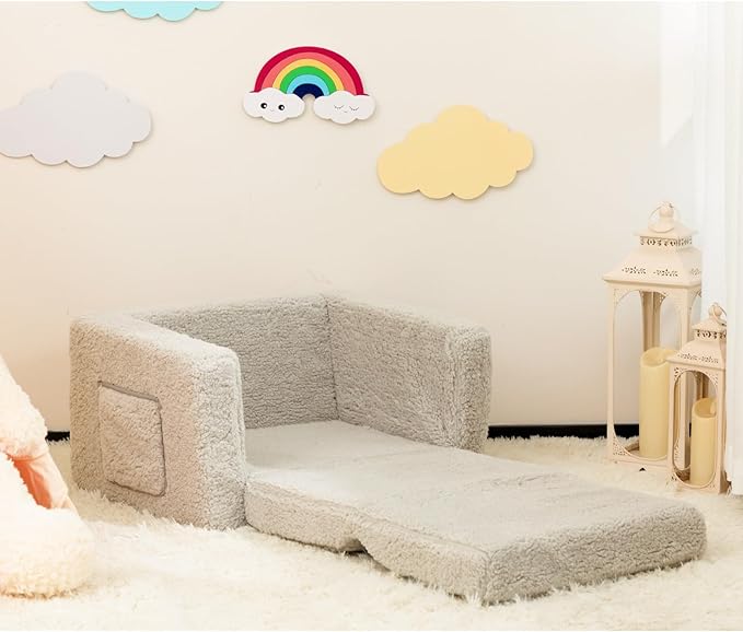 ALIMORDEN 2-in-1 Flip Out Cuddly Sherpa Toddler Couch, Convertible Sofa to Lounger, Light Grey
