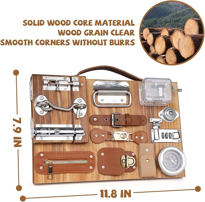 Montessori Busy Board for Toddlers Wooden Sensory Montessori Toys,Travel Toy Fidget Board Learning Activity Board for Fine Motor Skills Boys & Girls, Educational Learning Toy with Locks,Latches