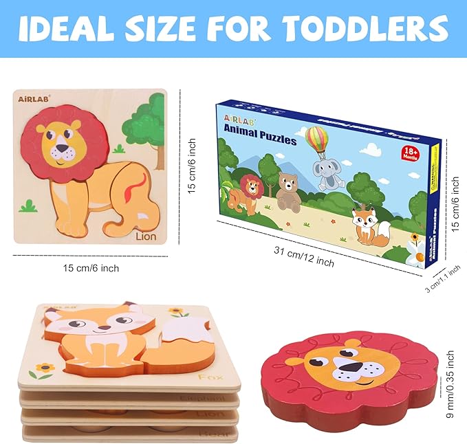 Wooden Puzzles for Toddlers 1 2 3 Year Old Animals Shape Puzzle Toys for Travel Airplane Gift for Kids Montessori Early Development Gifts for Baby Boys Girls with Drawstring Bag Pack of 4