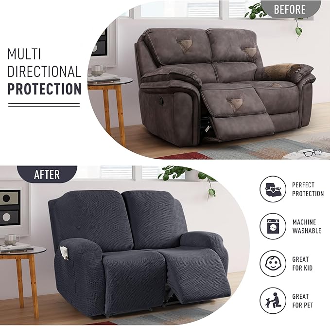 KinCam Recliner Covers, Stretch Reclining Chair Covers, Recliner Sofa Slipcovers Stripe Jacquard Recliner Couch Covers Furniture Protector Covers for Pet Kid (2 Seater, Charcoal Gray)