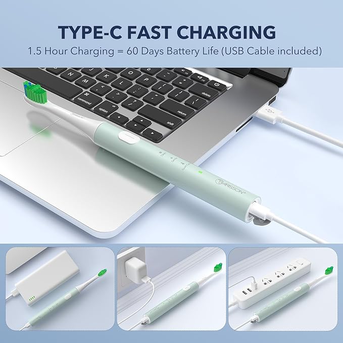 ARISSON Sonic Electric Toothbrush for Adults and Kids, 40,000 VPM Power Toothbrush, 1.5H Fast Charge Ultrasonic Electric Toothbrushes with 2 Minutes Smart Timer, White on Powder Blue