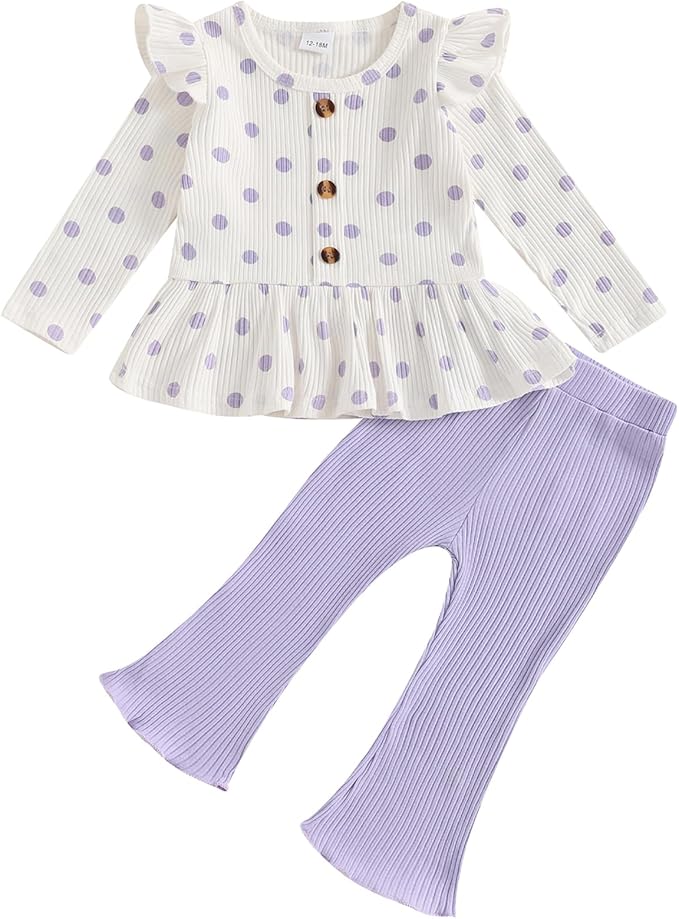 Mubineo Toddler Baby Girl Clothes Cute Ribbed Outfits Knit Long Sleeve Shirt Tops Bell Bottom Pant Fall Winter Outfit