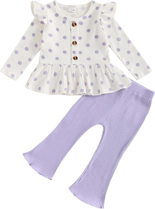 Mubineo Toddler Baby Girl Clothes Cute Ribbed Outfits Knit Long Sleeve Shirt Tops Bell Bottom Pant Fall Winter Outfit