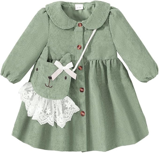 Mioglrie Toddler Baby Girl Dress 2T 3T 6 12 18 24 Months Fall Winter Clothes Outfits Dresses with Cute Satchel for Baby