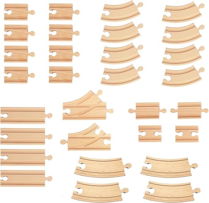 Wooden Train Track 30 Piece Set, Train Track Expansion Compatible with All Major Railroad Brands Including Thomas Wooden Train, Brio, Thomas The Tank Engine