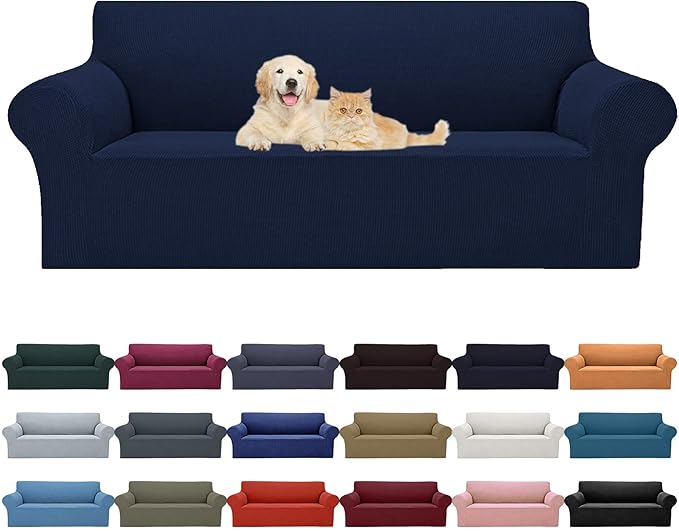 2025 New Stretch Oversized Sofa Slipcovers Couch Sofa Cover for 4 Seater Furniture Protector Covers with Elastic Bottom Jacquard Fabric Small Checks for Pets, Kids - Navy