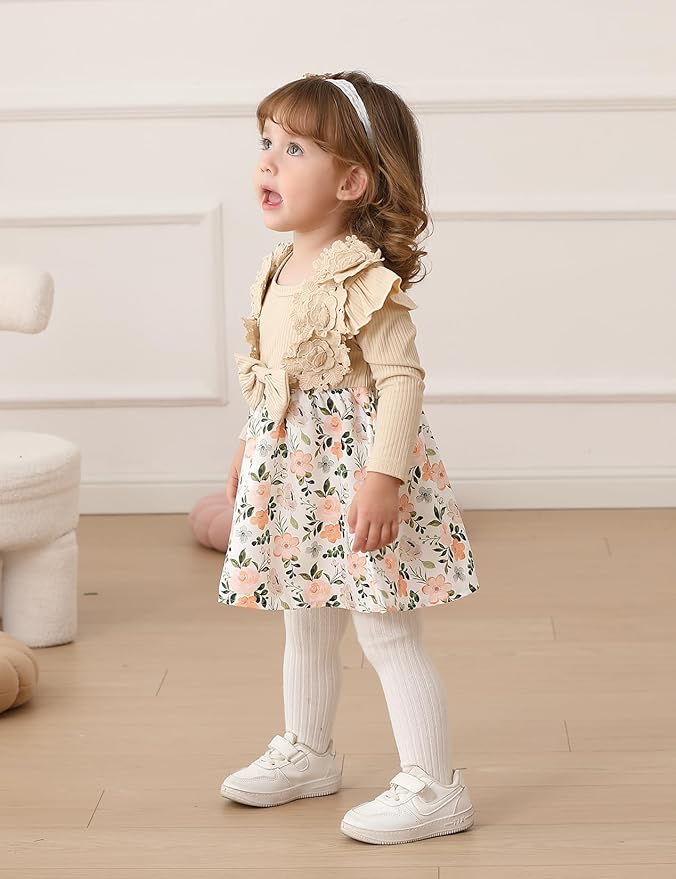 Baby Girl Dress Fall Flower Ruffle with Lace Headband Toddler Girls 3M-3T Infant Dresses Winter Baby Girl Clothes