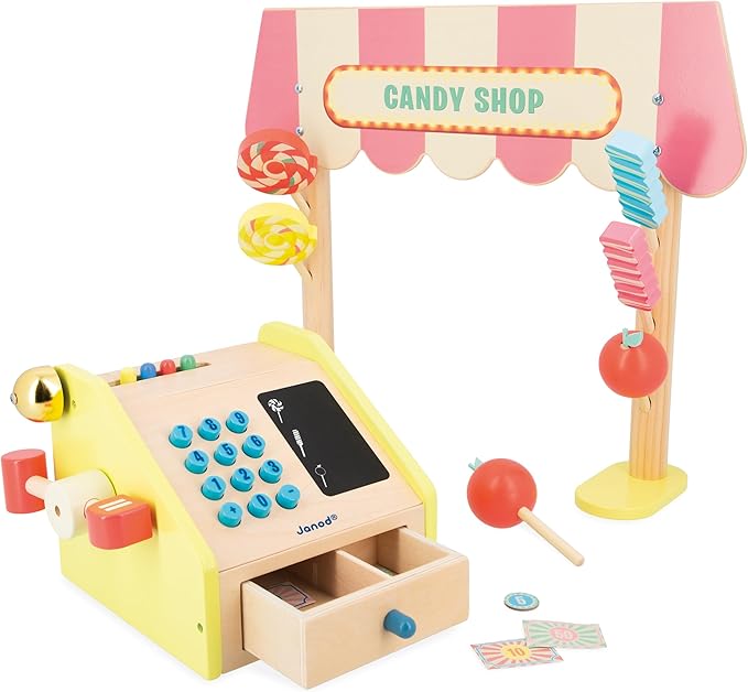 Janod - Applepop Children's Merchant - Imitation Game with Cash Register - 19 Accessories - Develops Imagination - FSC Wooden Toy - Water Painting - Suitable for Ages 3 and Above