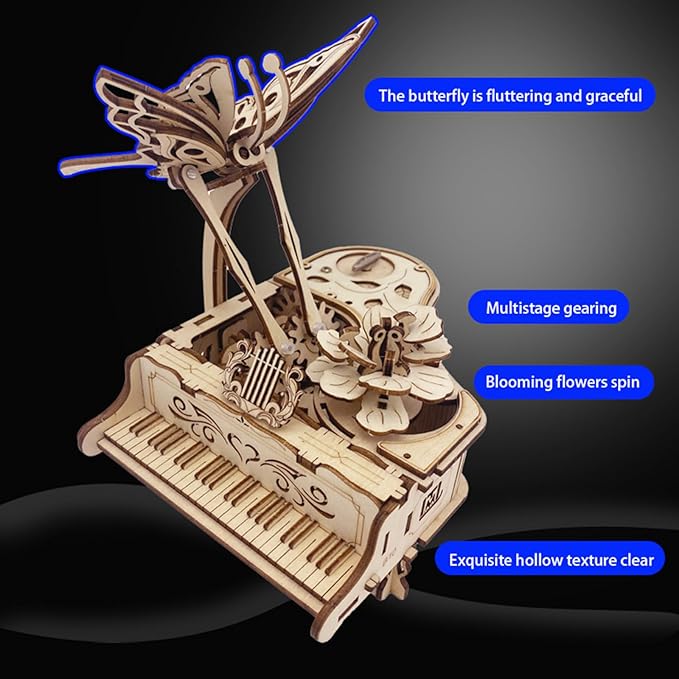 3D Puzzle for Adults and Teen - Cool Piano Music Box DIY Craf Kit for Adults to Build Model Kits Wood Mechanical Building Puzzle for Kids Age 14+Years Old